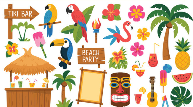 Tropical beach party illustration with tiki bar, cocktails, parrots, and flamingos