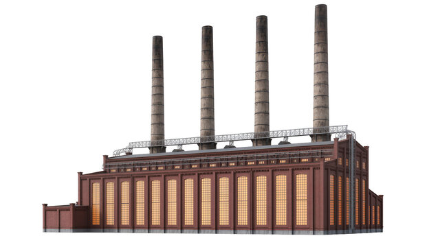 Industrial factory building with four tall smokestacks