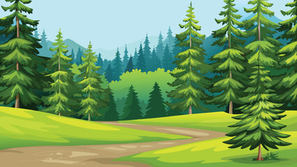Fototapeta premium Forest Landscape With Evergreen Trees And Winding Dirt Path