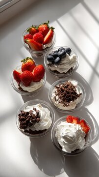 Delicious individual desserts topped with fresh berries and whipped cream. A collection of small, elegant desserts in clear glasses, each uniquely garnished with fruits and chocolate