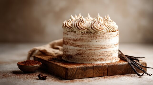 Deliciously decorated vanilla cake with cocoa powder vanilla beans. Beautifully crafted vanilla cake adorned swirls of frosting, presented with cocoa powder fresh vanilla beans on rustic wooden board
