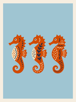 Decorative Seahorse Trio Marine Folk Art Illustration on Blue Background