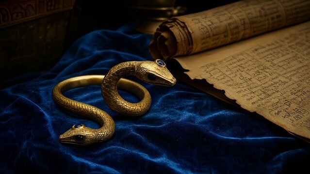 armlet. Golden serpent armlet on blue velvet with aged papyrus scrolls, historical elegance. event programs, museum guides, designed for cultural heritage projects and event programs.