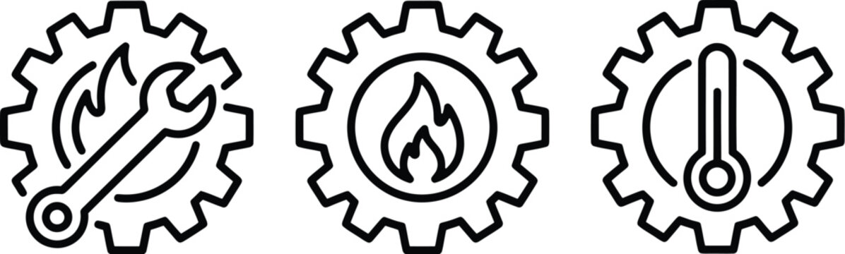Industrial gear icons for engineering and mechanics with flame wrench and thermometer symbols for website and presentation use