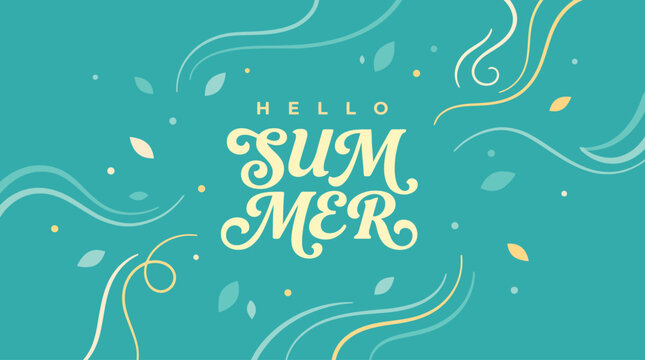 Hello Summer seasonal greeting vector, turquoise tropical background with elegant typography, breezy summer banner with organic leaf elements