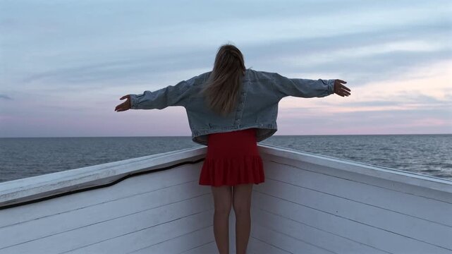 Woman standing on pier with arms open facing the sea at sunset