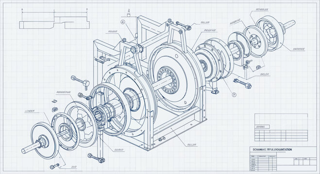 Detailed Engineering Blueprint of Mechanical Assembly Exploded View.