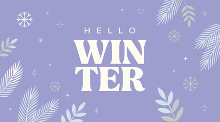 Naklejka premium Hello Winter seasonal greeting vector, purple holiday background with snowflakes and pine branches, festive winter celebration banner