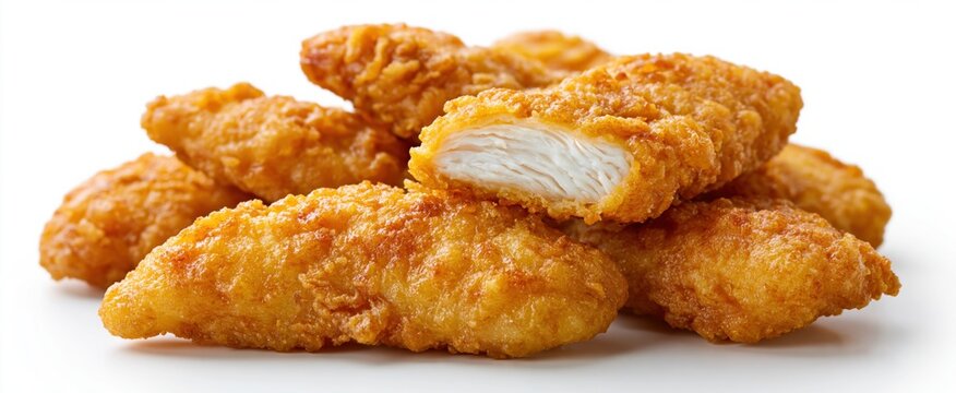Golden crispy chicken tenders reveal juicy white meat like a treasure chest on a white canvas