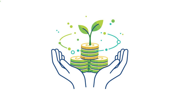 Two open human hands gently cradle a tall stack of shiny gold coins with a single green sprout and floating circular particles in bright light.
