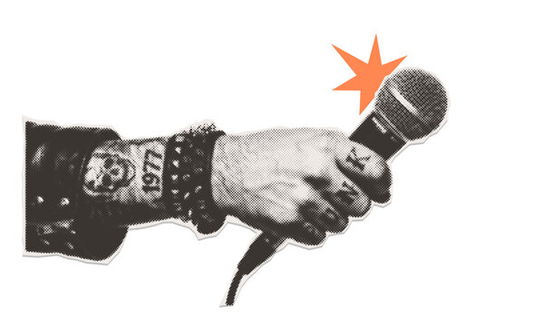 Retro halftone cutout collage element with hand holding microphone, skull tattoo, and spiked bracelet isolated - punk rock music illustration.