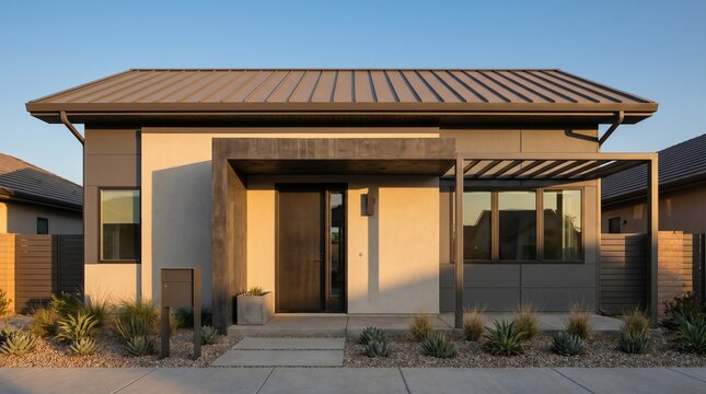 Fire resistant suburban facade with xeriscape planting and concrete shade