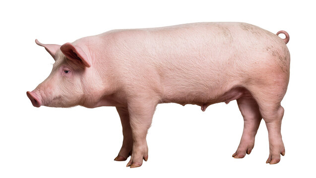 Pink pig standing profile view on white
