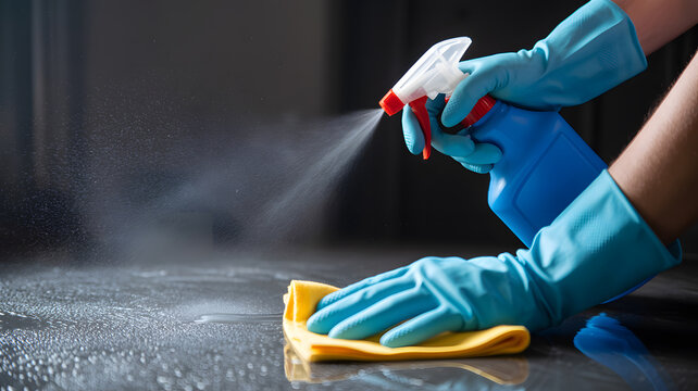A person wearing blue gloves cleaning a surface with a yellow cloth and spray bottle