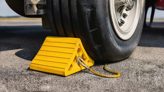 A bright yellow wheel chock secured against a large aircraft tire on asphalt.