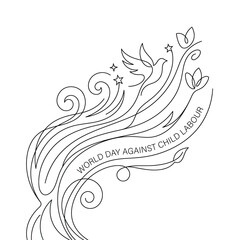 Fototapeta premium Continuous line art illustration for world day against child labour with bird flowers and typography.