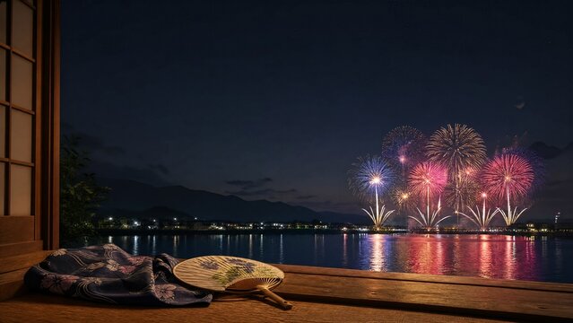 Folded fan and yukata sleeve on doorstep with fireworks over Sumida River, Tokyo summer celebration. event programs, museum guides, designed for cultural heritage projects and event programs.