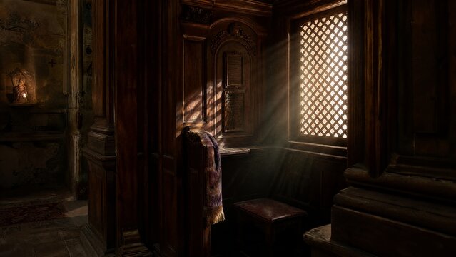 confessional. A vintage wooden confessional booth with light filtering through its lattice grill. event programs, museum guides, designed for cultural heritage projects and event programs.