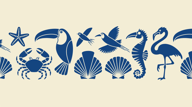 Blue silhouette border pattern with tropical birds and marine animals on cream.