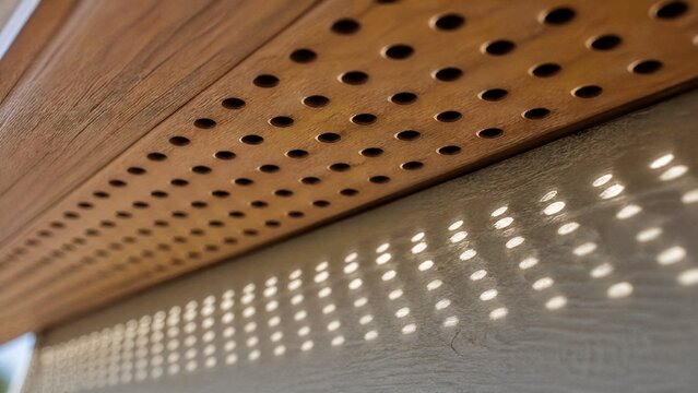 Extreme close-up of wooden soffit with sunlight streaming through holes. real-estate listings, architecture portfolios, designed for real-estate listing and luxury residence showcases.