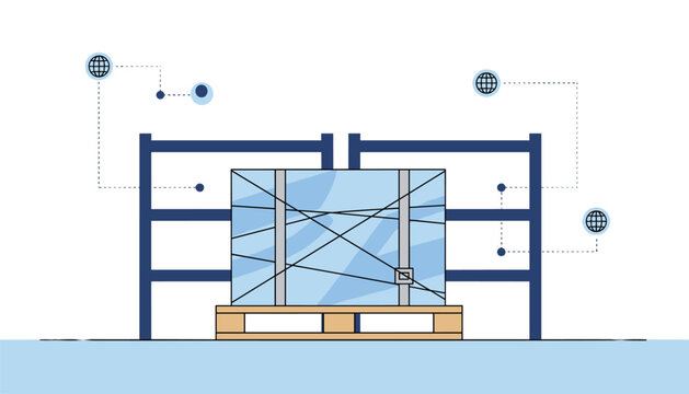 A sturdy wooden pallet holding a large rectangular cargo crate secured by thin black straps sits centered within a dark blue industrial rack.