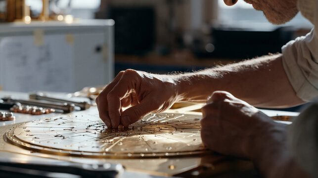 Close up of hands attaching superconducting resonator components to a quantum computer qubit cooling plate inside a dilution refrigerator assembly bay, torque wrenches and