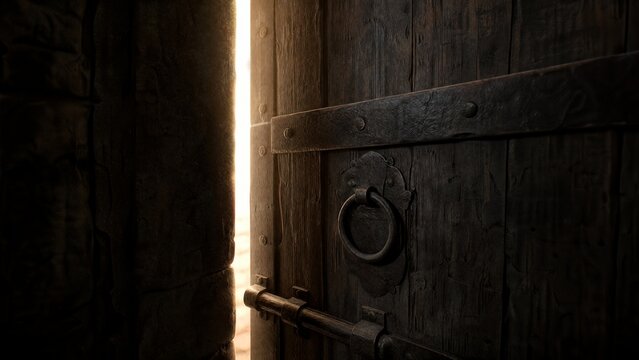 sliver. Heavy weathered wooden castle door closing slowly, cutting off final sliver of dramatic side light. real-estate listings.