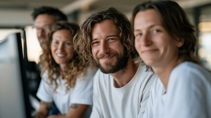 Fototapeta premium Neutral atom qubit array research team celebrates a successful coherence extension milestone inside a quantum computing laboratory, cluster of scientists gathered around a