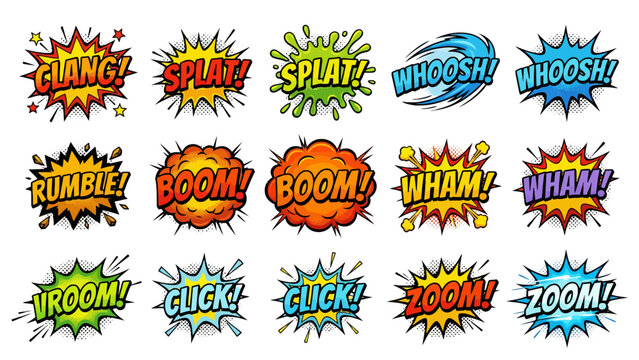Colorful comic book style vector graphic collection featuring various explosive sound effect bubbles with dynamic halftone patterns and vibrant lettering