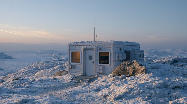Empty isolated arctic relay station houses quantum cryptography network security infrastructure connecting intercontinental fiber routes, rack-mounted quantum random number