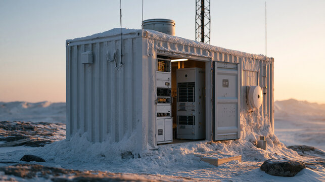 Empty isolated arctic relay station houses quantum cryptography network security infrastructure connecting intercontinental fiber routes, rack-mounted quantum random number