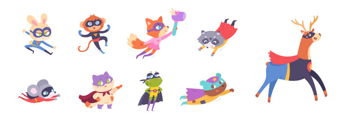 Superhero animals set. Cute funny zoo collection of monkey bunny bear frog mouse fox raccoon deer cat. Strong superman characters with hero costume and masks. Cartoon vector illustration. © backup_studio