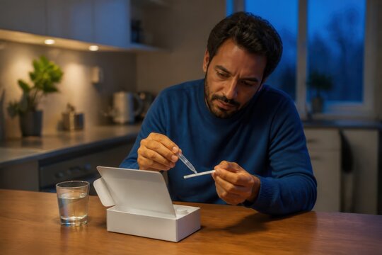 Man performing home diagnostic test at kitchen table