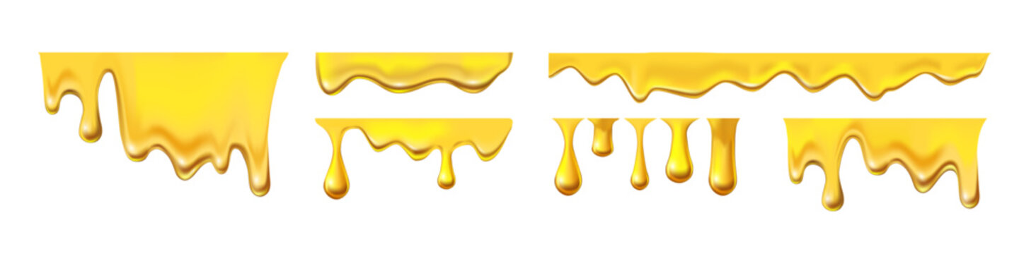 Melting cheese, honey, cream drips with golden honey flow on white background. Yellow glossy liquid texture patterns. 3D food realistic vector illustrations set.