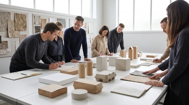 Upcycled packaging design review inside premium reverse logistics hub