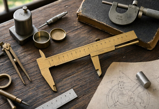 Vintage brass engineering tools including calipers and micrometers on a wooden workbench with technical and metal components