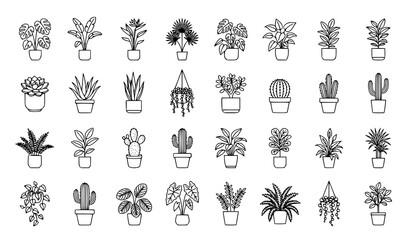 Obraz premium Indoor Houseplant Outline Icon Collection Vector Set
