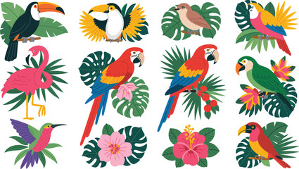 Obraz premium Set of 12 tropical nature illustrations featuring colorful birds and lush foliage.