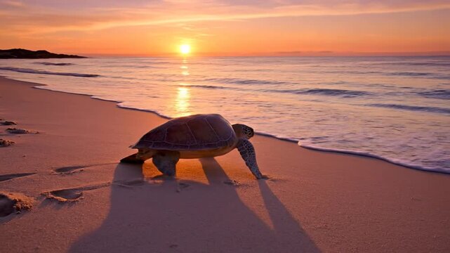 Sea turtle crawling on sandy beach at golden sunset with ocean waves
