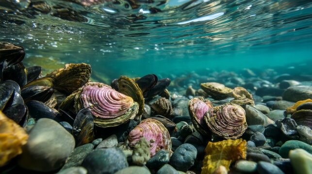 Underwater View of Colorful Shells and Stones in Clear Aquatic Environment with Sunlight Shining Through the Water Surface
