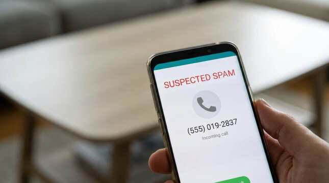 Suspected spam call on smartphone warning about online scam prevention and phone fraud protection feeling cautious