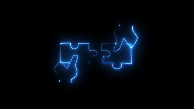 Neon line illustration of hands connecting jigsaw puzzle pieces, glowing on a dark background. This animated-style icon symbolizes teamwork, collaboration, cooperation,