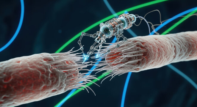 Futuristic Nanobot Repairing Cellular Structures in a Vibrant Scientific Environment with Colorful Light Trails