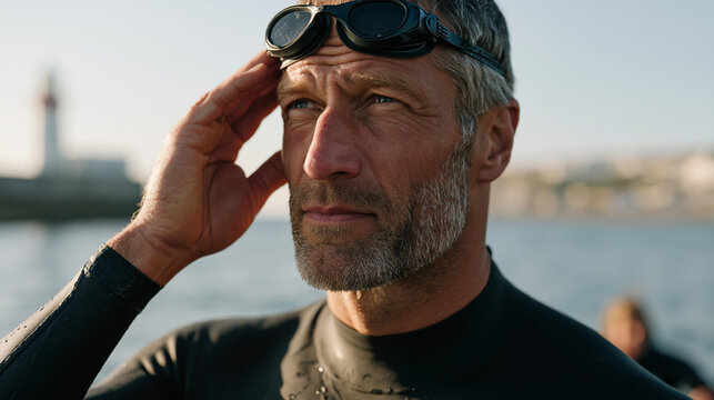 Open water swimmer adjusting goggles and sighting between a lighthouse and a headland buoy at the start of a charity channel crossing, event barge anchored nearby, support paddler