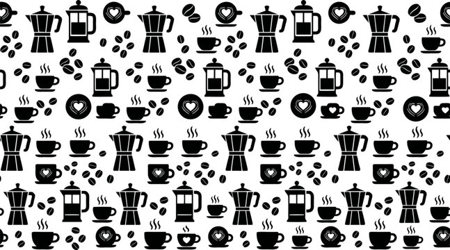 Coffee Seamless Pattern with Coffee Pots and Cups