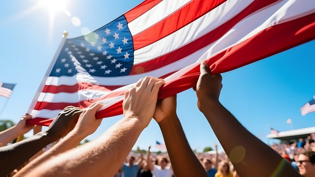 American flag held by diverse hands against sunny blue sky, patriotic United States symbol of unity and freedom, national celebration of democracy