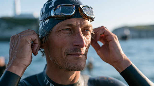 Open water swimmer adjusting goggles and sighting between a lighthouse and a headland buoy at the start of a charity channel crossing, event barge anchored nearby, support paddler