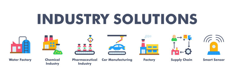 Naklejka premium INDUSTRY SOLUTIONS web banner icon vector illustration concept with icon of Water Factory, Chemical Industry, Pharmaceutical Industry, Car Manufacturing, Factory, Supply Chain, Smart Sensor