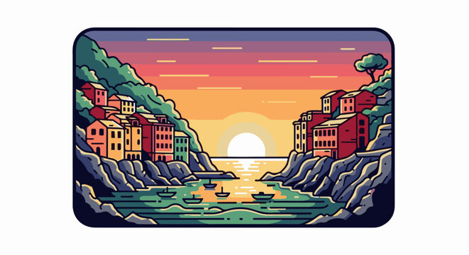 Coastal village with colorful buildings nestled on rocky hillsides at sunset