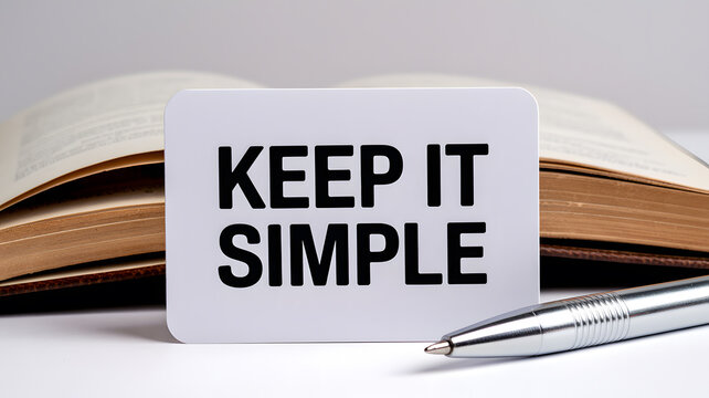 A white card with the phrase Keep It Simple in front of an open book and pen